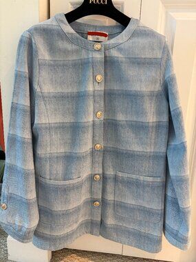 Blue Striped Jacket Silver Buttons Classic Style Tailored Altered Less Boxy Fit